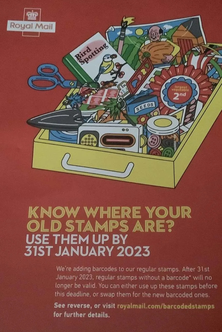 The Royal Mail is adding barcodes to regular stamps, making them obsolete after January 31, 2023 – (ID 531851)