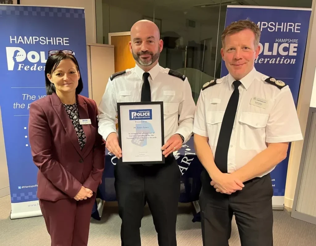 A Hampshire Police officer who managed to disarm a man who was doused in petrol has was named as one of the runners-up in the 2023 Hampsh