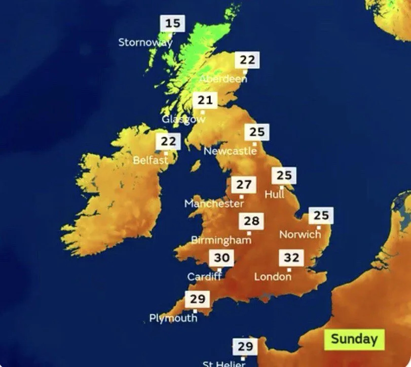 London Sizzles at 32°C While Northwest and Coasts Enjoy Cooler Relief