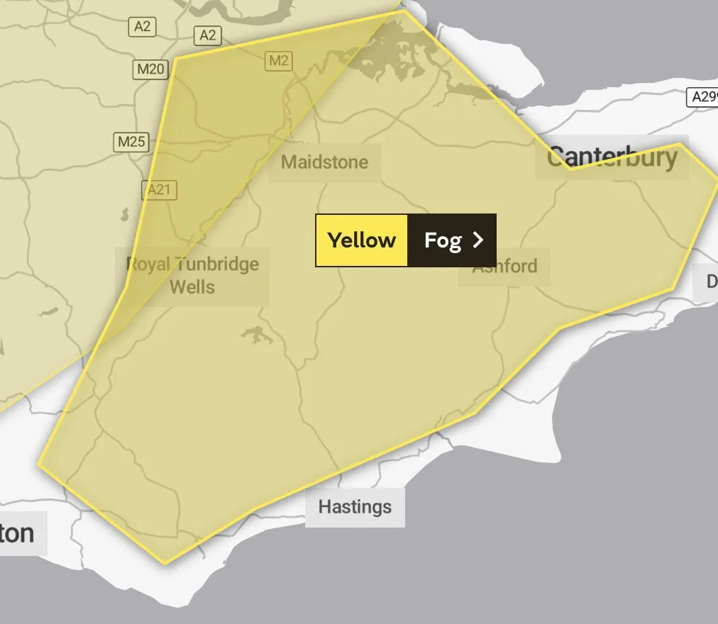 Yellow Fog Warning Issued for Kent and South East for Tuesday afternoon