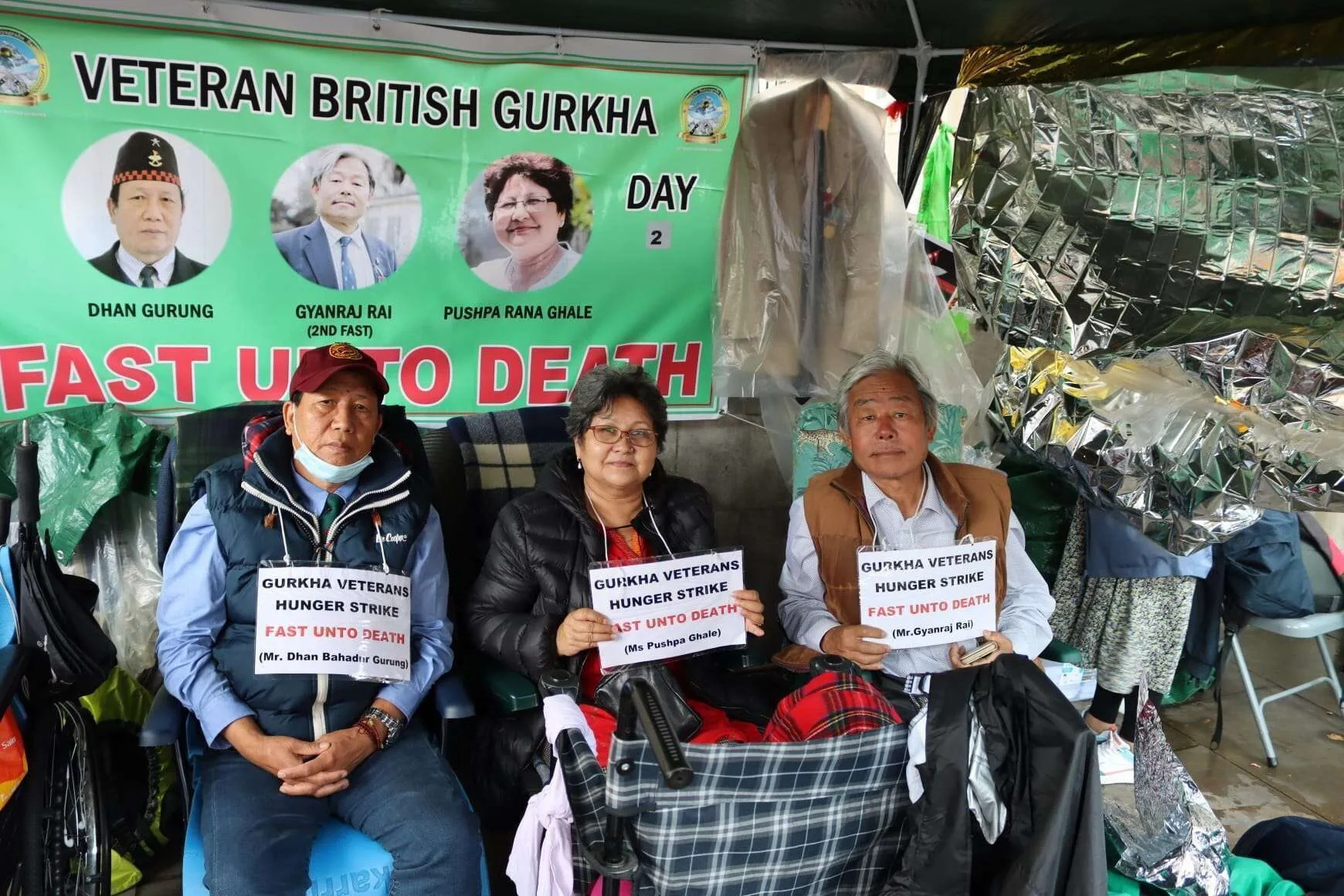Gurkha veterans have gone on hunger strike opposite Downing Street as part of a campaign for equal pension rights