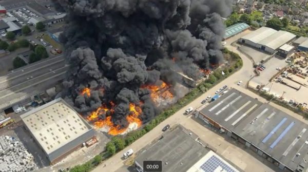 Massive Fire Sparks Major Incident at Rushden Recycling Warehouse – Smoke Visible 20 Miles Away